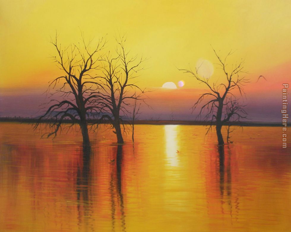 Sunset trees & water painting - 2010 Sunset trees & water art painting